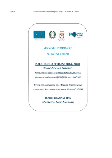 Bando corso riqualificazione OSS (Avviso 4/FSE/2020)